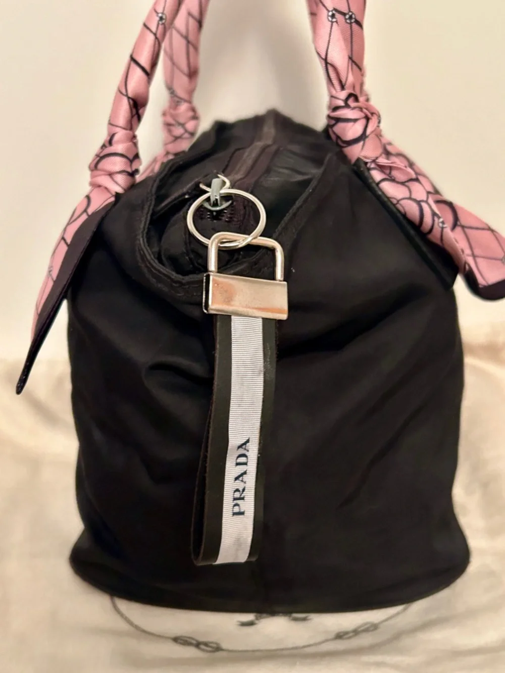 Prada Black Nylon Tote with Pink Scarf-Detail Handles - Picture 4 of 12